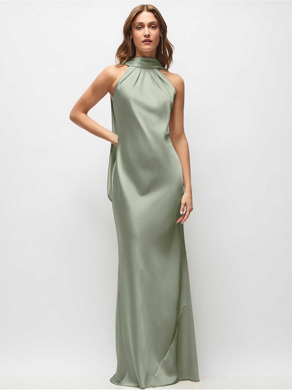 NEW After Six Draped Scarf Halter Open Back Satin Gown, Sage Green, Small